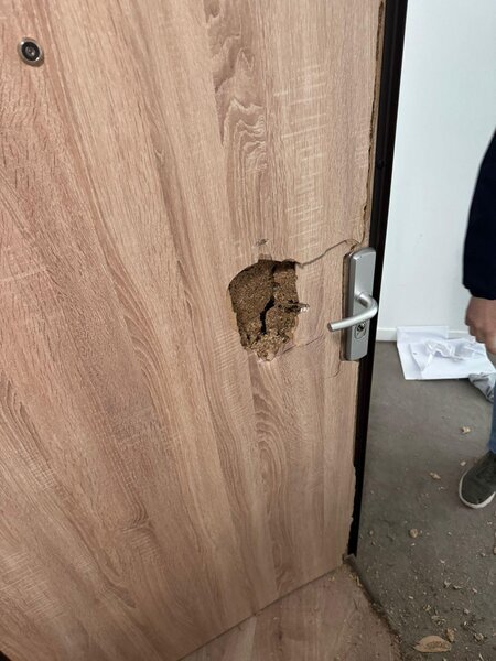 porte intérieure à décor bois avec trou autour de la serrure après effraction, poignée argentée visible